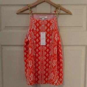 Lilly Pulitzer Orange Patterned Blouse with Gold Chain Straps Sz 6 Summer mark~